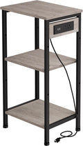 Tall End Table with Charging Station, 3 Tier Narrow Beside Table with Adjustable Shelf, Tall Side Table Nightstand for Bedroom, Living Room Coffe Table, Office, Greige