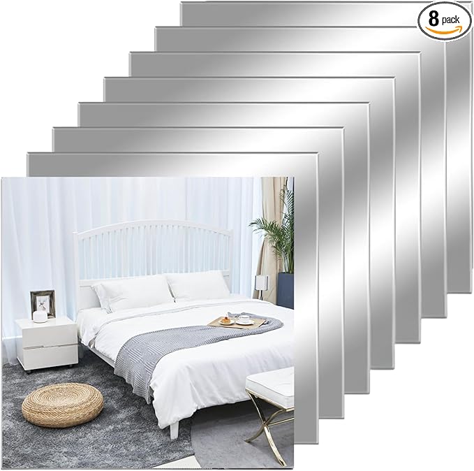 12" x 12" Acrylic Flexible Mirror Sheets, 8 Pack Self Adhesive Mirror Tiles Square Cuttable Mirrors Wall Stickers, Non-Glass Plastic Mirrors Stickers Safety Reflective for DIY Craft Home Wall Decor