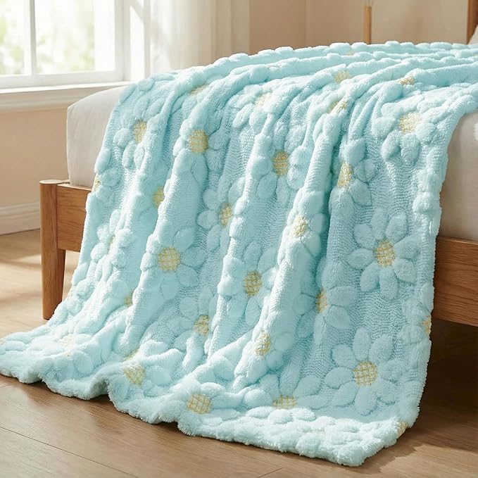 Horaldaily Spring Summer Blanket Throw, Blue Sunflower Soft Fuzzy Plush Faux Fur Cozy Blankets for Couch Sofa Bed Lounging, Ideal Gifts for Kids Adults Wife Self, 50x60