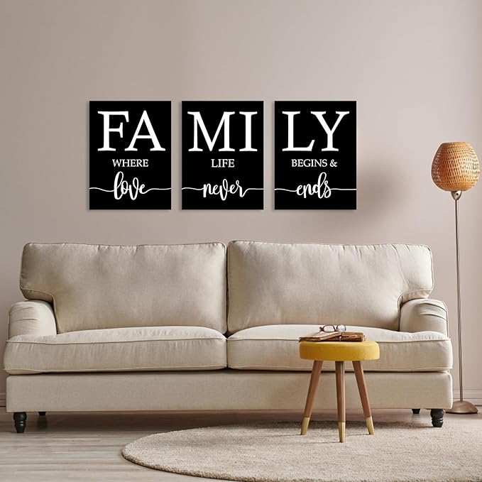 Family Where Life Begins And Love Never Ends Wall Art:3 Piece Love Quotes Wall Decor Above Bed,Modern Minimalist Family Signs Country Farmhouse Decor for Living Room Bedroom 12"x16"