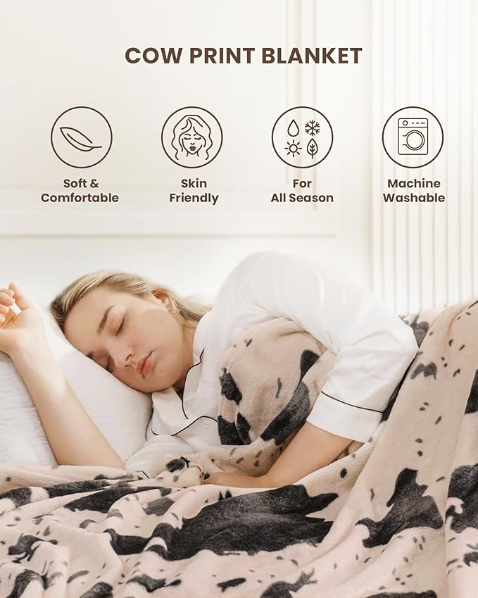 Cow Print Blanket Ultra Soft Flannel Throw Blanket for Couch Bed, Cute Cozy Lightweight All-Season Fleece Blanket King, Gift for Women & Girls, 90×108 Inches Pink