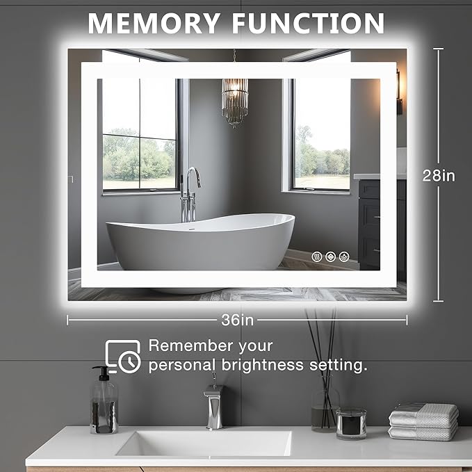 DUMOS 37"x 28" LED Bathroom Mirror with Lights, Dimmable Anti-Fog Front Lit Backlit Lighted Wall Mounted Rectangle for Vanity Makeup Memory Function Tempered Glass Shatter-Proof Horizontal&Vertically