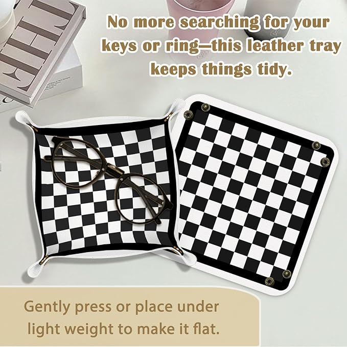 Black and White Checkered Jewelry Valet Tray for Men, Checkered PU Leather Catchall Beside Caddy Nightstand Organizer Tray for Jewelry Rings Watches and Accessories, 7.87x7.87in