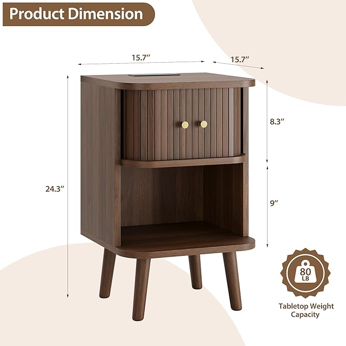 Fluted Nightstand, Mid Century Modern Bedside Table with Charging Station, Walnut End Tables with Sliding Tambour Doors, Storage Cabinet and Open Shelf for Bedroom, Walnut