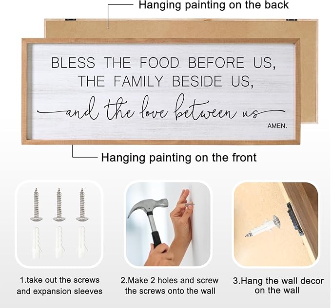 Bless the Food Before Us, the Family Beside Us, and the Love between us Framed Wall Art for Dining Room, 40''×15'' Rustic Holy Positive Religious Bible Verse for Christian God Jesus Christ Prayer