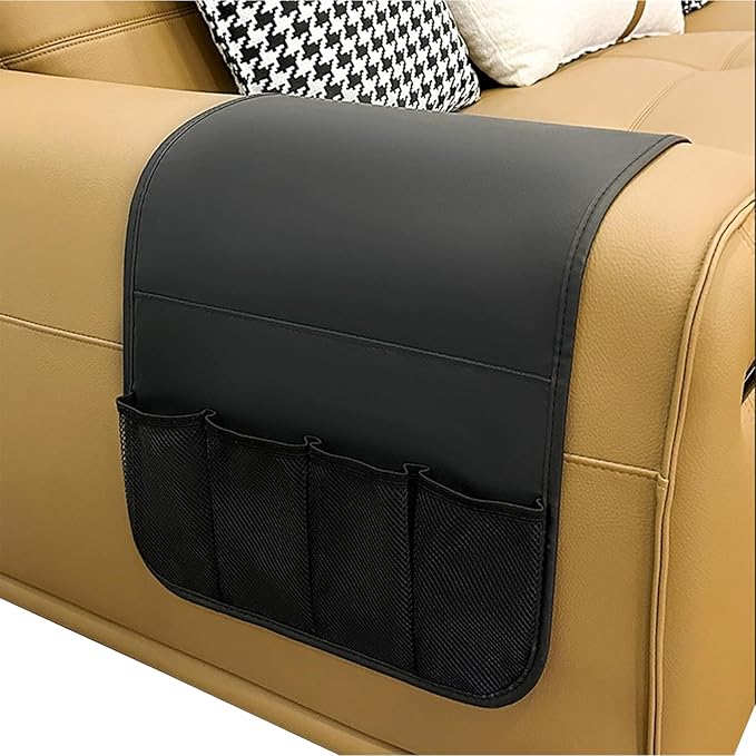 Sofa Armrest Organiser Non Slip Leather Couch Armrest Caddy Bedside Hanging Pouch Sofa Arm Tray Organizer with 5 Pockets for TV Remote Holder Magazines iPad Phone (Black, one size)