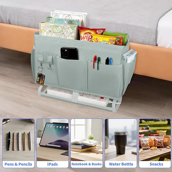 Bedside Caddy for Dorm Bed Bedside Organizer, Bedside Storage with 10 Pockets and Power Strip Holder, Multifunctional Bedside Pocket for Home, College, Dorm, Bunk/Hospital/Crib Bed (Grey)