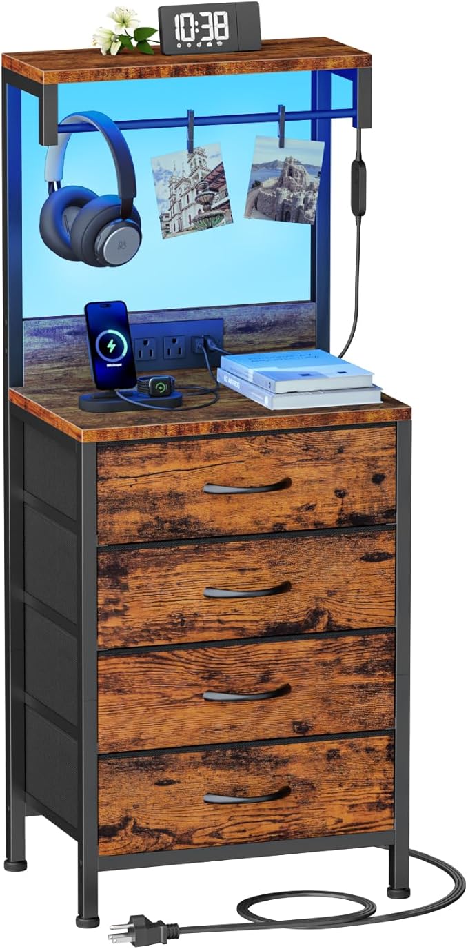 Furnulem Night Stand with Charger Station, 38'' Tall Nightstand with 4 Fabric Drawers and LED Lights, Bedside Table with Storage Shelf for Bedroom, Office, Metal Frame, Wood Shelves, Rustic Brown | 4 Fabric Drawers, LED Lights, Storage Shelf, for Bedro...