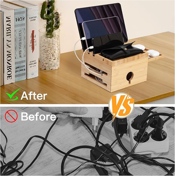 Bamboo Charging Station for Multiple Devices, Nightstand Docking Station with Small Tray, Desktop Wood Charger Organizer, Compatible with Cell Phone, Tablet, Earphones (No Cables)