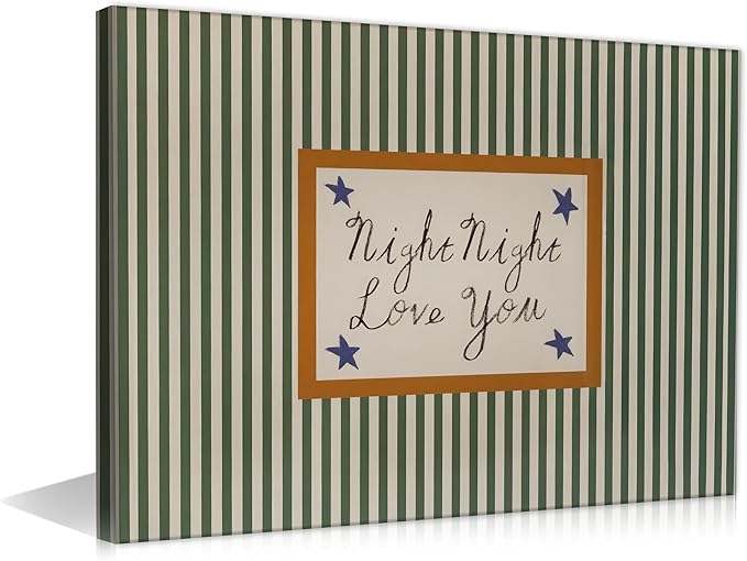 Goodnight Love You Canvas Wall Art Vintage Green Striped Above Bed Wall Decor Picture Mid Century Modern Minimalist Poster Painting Print Artwork for Baby Bedroom Dorm Room Decor, Framed