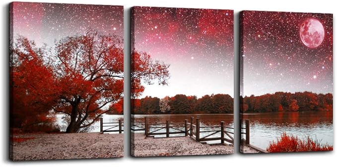 Wall Art For Living Room Large Size Wall Decor For Bedroom Room Wall Pictures Artwork Abstract Red Tree Moon Landscape Paintings Modern Office Decor Home Decorations For Kitchen 20" X 28" 3 Pieces