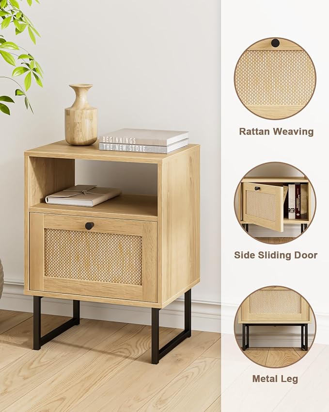 Rattan Nightstand, Mid Century Modern Night Stand,Boho Farmhouse Wood Bedside Table with Storage and Open Shelf, End Side Accent Table for Bedroom,Living Room,Oak