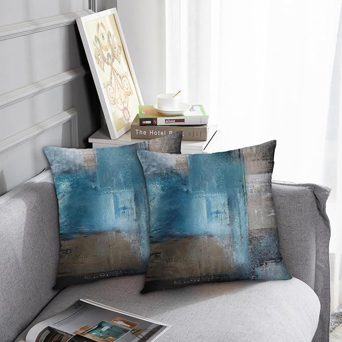 Britimes Throw Pillow Covers Modern Home Art Decor, 20 x 20 Inches Set of 2 Pillow Cases Decorative, Abstract Oil Painting Pillowcases for Bedroom, Living Room, Cushion Couch Sofa, Teal Grey