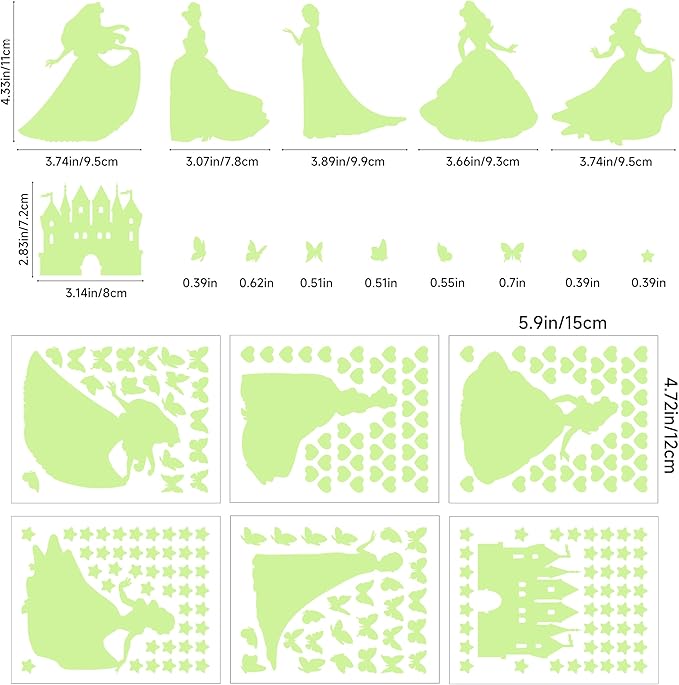Glow in The Dark Princess Castle Wall Sticker, Self-Adhesive Star Butterfly Wall Decal for Girl's Room, Fluorescent Sticker for Ceiling Nursery (Green)