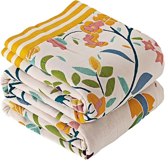 Spring Boho Throw Blanket, Reversible 100% Cotton Ultra Soft Rustic Quilt, Multi-Function Decorative Muslin Throws for Sofa Bed Armchair Camping Blanket,Beige,60"x80"