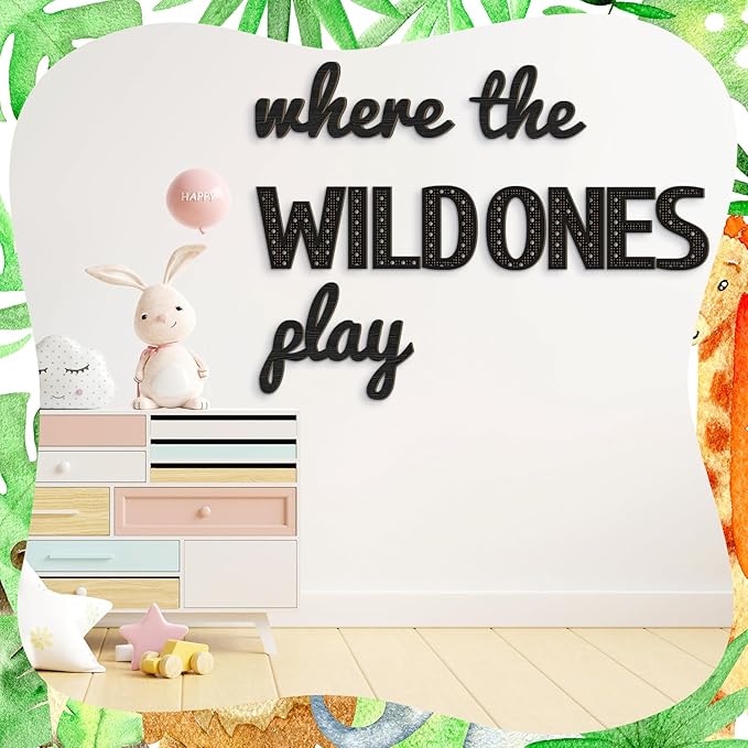 Where the Wild Ones Play Nursery Sign Wooden Playroom Wall Decor Playroom Decoration Word Play Room Sign for Wall Plaques(40 Inch,Black)