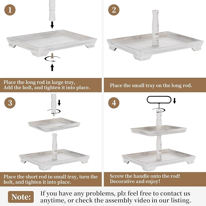 Hanobe Tiered Tray for Table Decor: Spring 2 Tier Decorative Tray Stand for Coffee Bar - Large Farmhouse White Display Stands for Holiday - Wood for Kitchen Counter Decorations