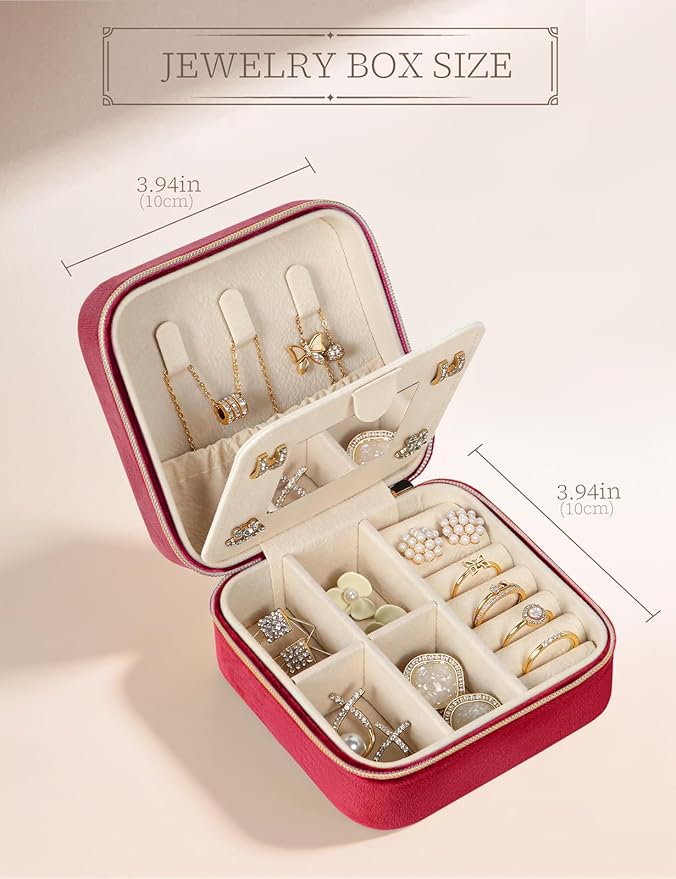 Plush Velvet Travel Jewelry Case Small Jewelry Box Jewelry Organizer Storage Case Portable Jewelry Travel Case for Girls Womens Earring, Necklace, Rings,Bracelets with Mirror