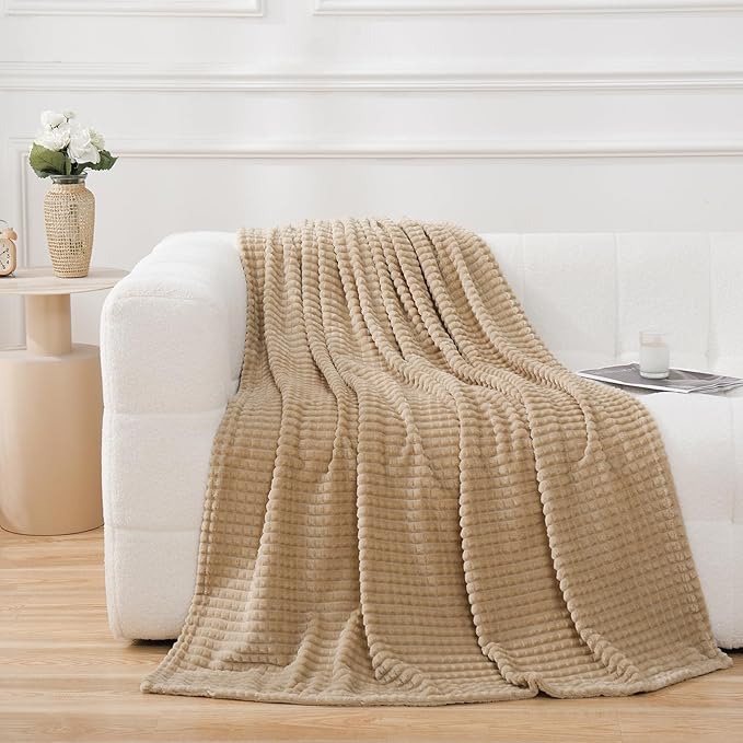 Puncuntex Flannel Fleece Beige Throw Blanket 50"×60",Super Soft Plush Cozy Blanket with 3D Jacquard Square Grid Design Luxury for Couch Sofa Chair,Khaki
