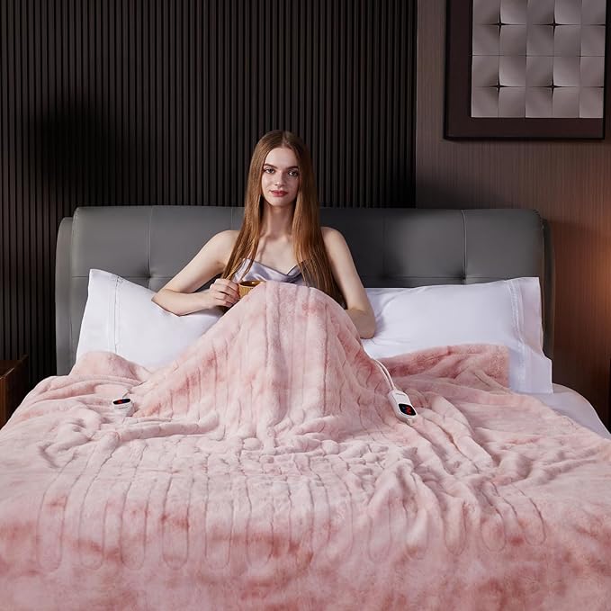 Guohaoi Heated Blanket Electric Throw, Soft Faux Rabbit Fur Electric Blanket with 10 Heating Levels 5 Sitting Timer Auto Off, Dual-Controller Heating Blankets, Machine Washable(90"×100" Pink)