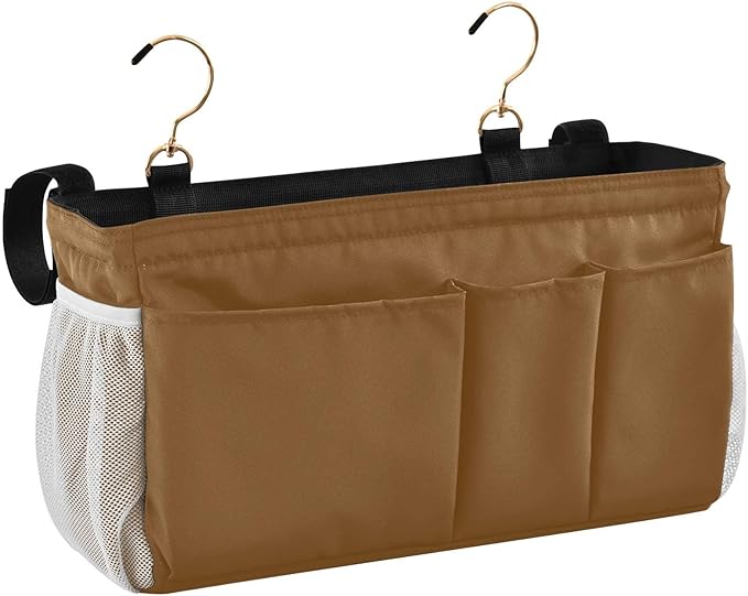 DOMIKING Brown Bedside Caddy for Dorm Bed Recliner Armrest Organizer with Hooks Haning Storage Bags for Rails Headboards Bunk Bed