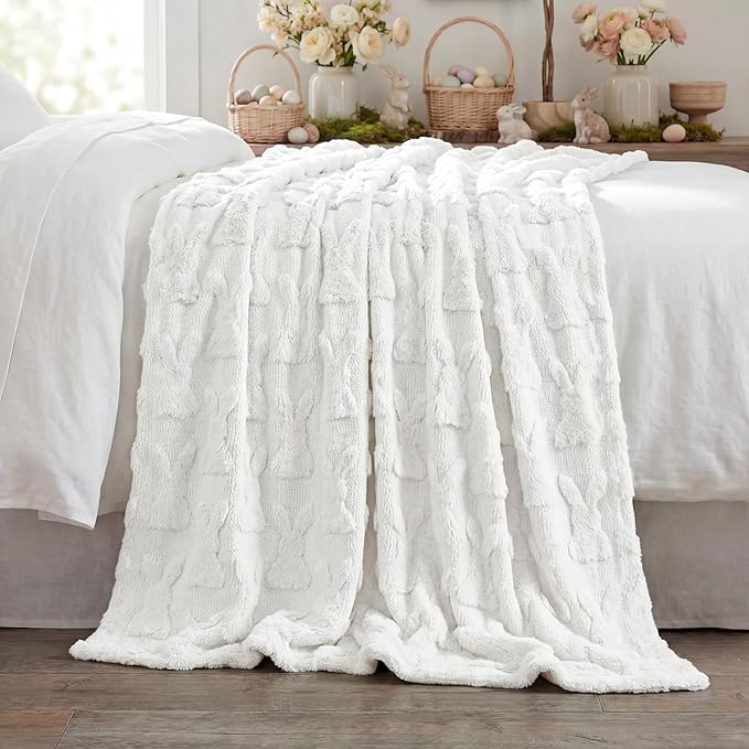 Horaldaily Easter Solid Blanket Throw, White Rabbits Soft Fuzzy Plush Faux Fur Cozy Blankets for Couch Sofa Bed Lounging, Ideal Gifts for Kids Adults Wife Self, 60x80