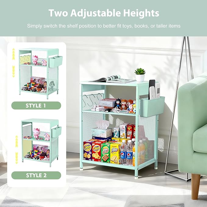 Kids Nightstand, 3-Tier Metal Side Table with Adjustable Storage Shelf, Basket & 3 S-Hooks, Small Bedside Table for Nursery, Toddler Bedroom and Small Spaces (Green)