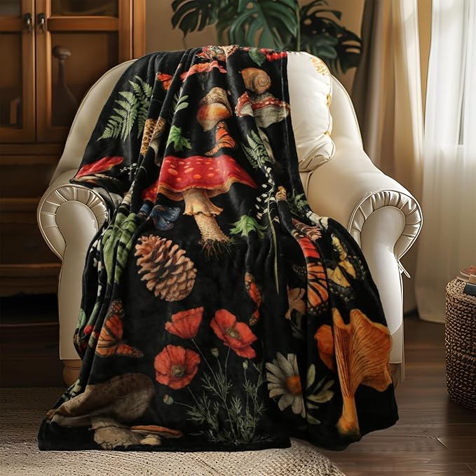 MACEVIA Mushroom Blanket for Couch, Flannel Fleece Mushroom Stuff, Soft Throw Blankets for Bed Sofa, Cozy Warm Comfort Lightweight Throw Blanket for Travel Camping 260GSM (Mushroom, 50"x60")