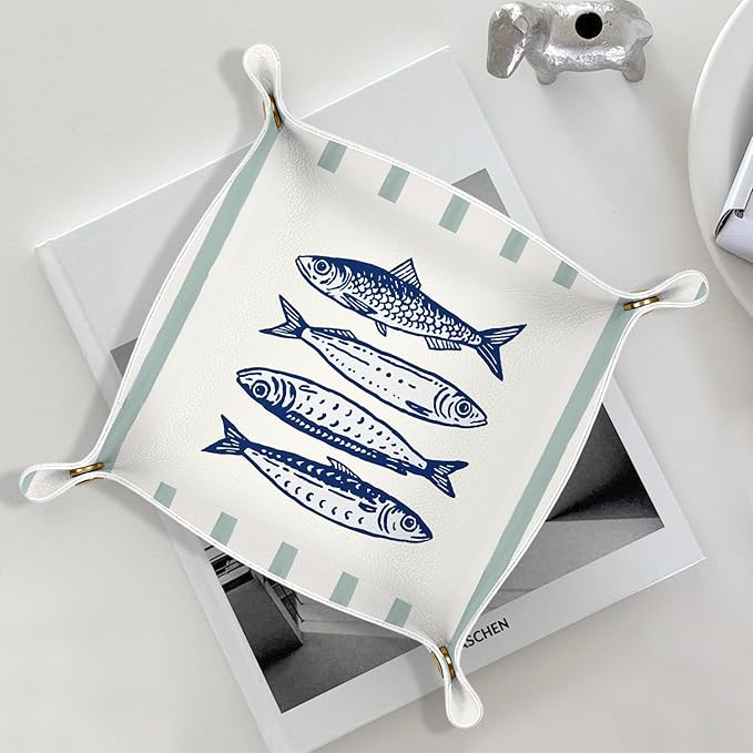 Coastal Beach Sardine Fish Jewelry Valet Tray for Women, Fish Gifts PU Leather Catchall Beside Caddy Nightstand Organizer Tray for Jewelry Rings Watches Keys and Accessories, 7.87x7.87in