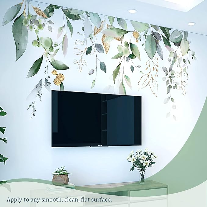 Green Plants Leaves Wall Decals Peel and Stick, Large Hanging Herbal Vinyl Wall Stickers, Removable Vine Home Decor Art for Bedroom Living Room Classroom Office