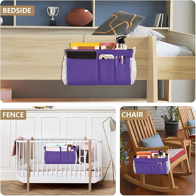 DOMIKING Dark Purple Bedside Caddy for Dorm Bed Recliner Armrest Organizer with Hooks Haning Storage Pockets for Remote Control Couch Recliner