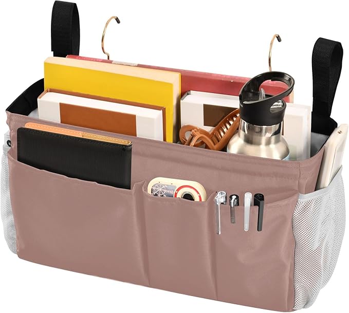 Light Brown Bedside Caddy Storage Bag Bedside Organizer for Dorm Room Top Bunk Bed Hanging Storage Organizer 6 Pockets with Hooks for Magazine Water Bottle Holder