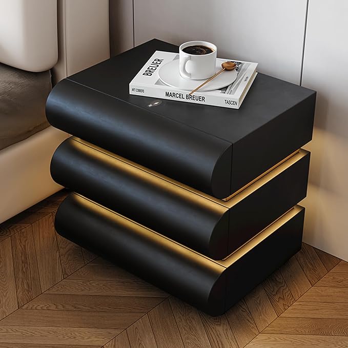 Night Stand with LED Light, Leather Nightstand, Modern Bedside Table with 3 Solid Wood Drawers, No Assembly Required(19.7''H) (Black)