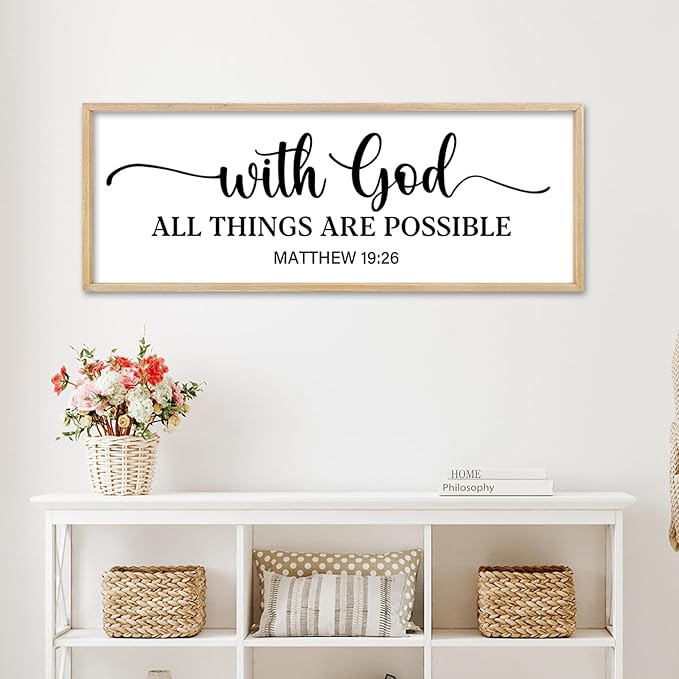 comurdyo With God All Things are Possible Wall Decor 40"X15" Matthew 19:26 Sign Bible Verse Large Wooden Framed Christian Scripture Prayer Wall Hanging Art (Wood)