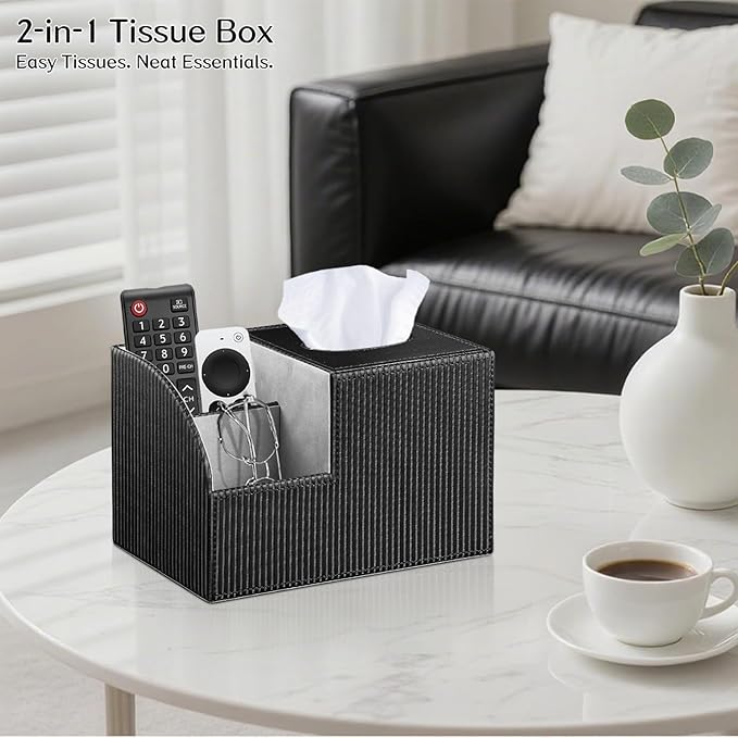 Fanousy Tissue Box Cover Square with Storage, PU Leather Cube Tissue Box Holder, Multifunction Remote Control Nightstand Organizer, Modern Desk Caddy for End Table, Bathroom, Home, Office Decor