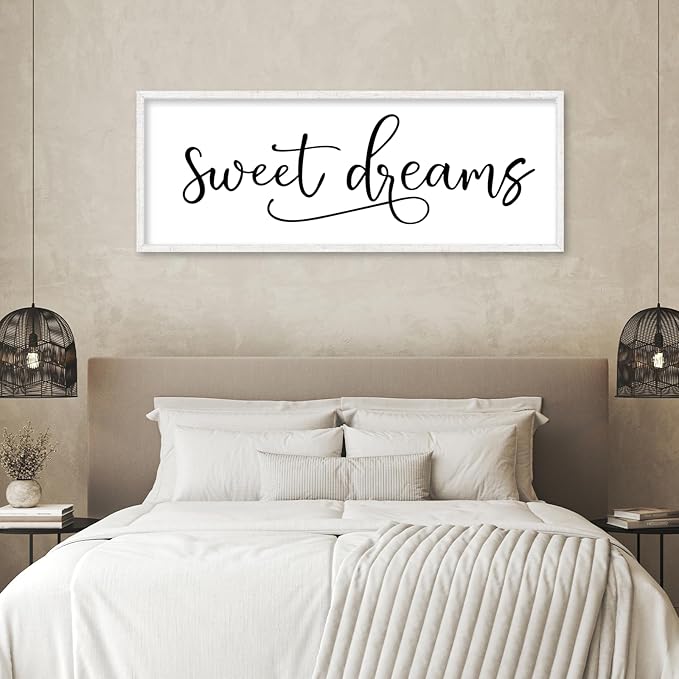 YWJKWLGS Sweet Dreams Wall Decor Sign 40x15 Inch Handwritten Art for Bedroom & Kids Room 40x15 Inch Above Over Bed Rustic Modern Farmhouse Large Wooden Framed Wall Hanging Art (White)