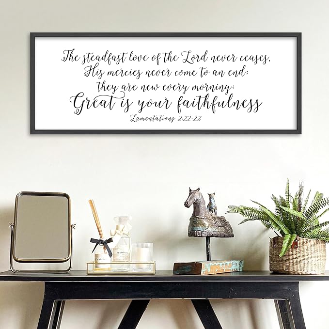 The Steadfast Love of The Lord Wall Decor 32"×12" Lamentations 3:22–23 reat Is Thy Faithfulness Sign Bible Verse Scripture Large Christian Religious Wall Hanging Art (Black)