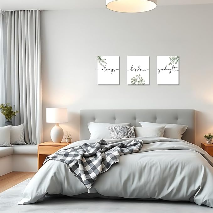 1 KINGO Always Kiss Me Goodnight Bedroom Wall Art: Set of 3 Boho Botanical Wall Decor Canvas Prints 12"x16", Sage Green Eucalyptus Pictures Decor Over The Bed for Farmhouse Master Bedroom