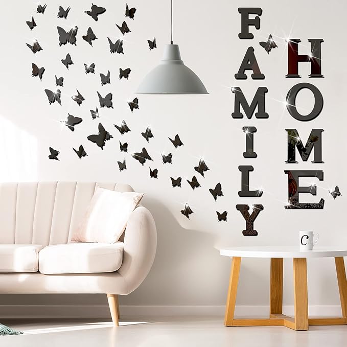 Outus 3D Family Home Sign Letters Living Room Decor Family Rustic Farmhouse Wall Decor Acrylic Mirror Decorative Butterfly Mirror Wall Sticker Decals for Living Room Bedroom Kitchen (Black)