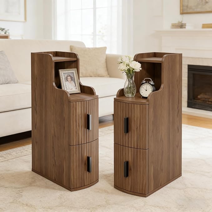 Narrow End Tables Set of 2 with 2 Storage Drawers for Living Room Office Slim Side Tables Small Nightstands Modern Beside Tables for Sofa Bedroom Small Spaces (2, Walnut)