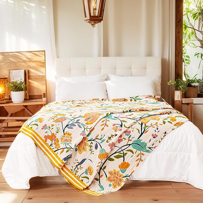 Boho Throw Blanket, 100% Organic Cotton Breathable Ultra Soft 91" x 108" King Bed Quilt Throw - All Season Floral Rustic Farmhouse Decor Luxury Blanket for Sofa Couch Chair and Gift
