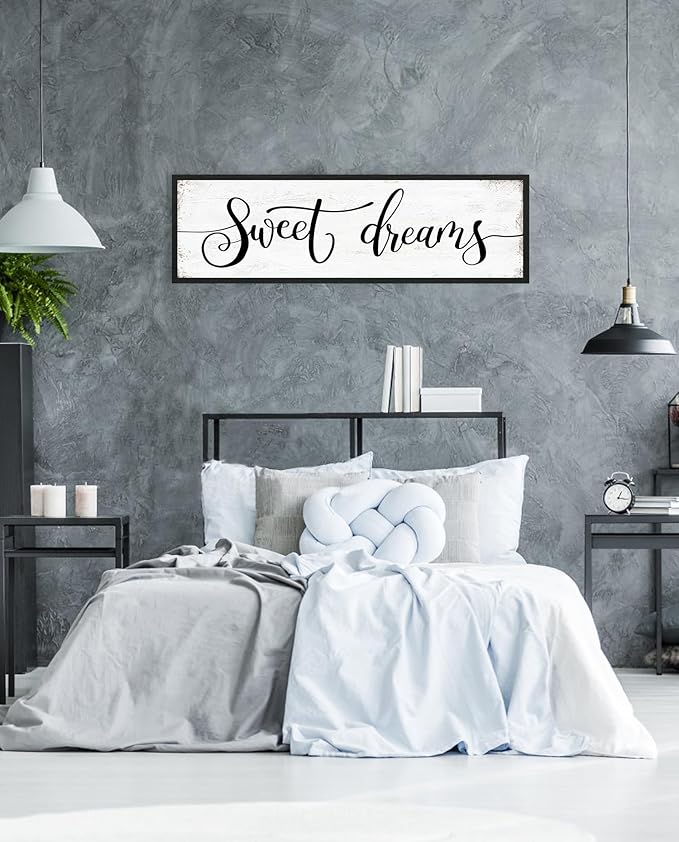 Sweet Dreams Wall Decor Above Bed: Wall Art Bedroom Sign - Guest Room Decor - Master Bedroom Farmhouse Decoration Rustic Black Frame Hanging 12 × 40 Large