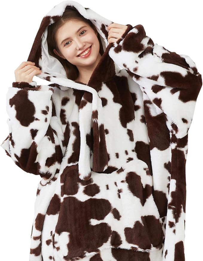 Softan Blanket Hoodie, Oversized Fleece Wearable Blankets for Women and Men Gifts, Cozy Warm and Soft Sweatshirt Blanket with Large Pocket, Brown Cow Print