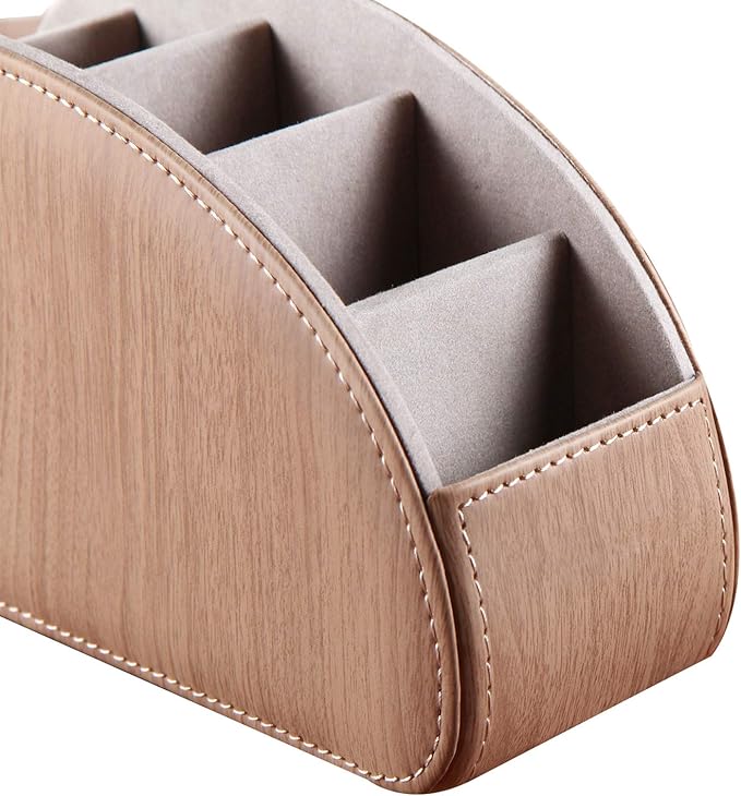 Ayunga PU Leather Remote Control Organizer Box with 5 Compartments - Desktop & Bedside Storage for TV Remotes,DVDs,Blu-ray,Glasses,Pens,Media Players Multi-Purpose Holder(Beech Wood)