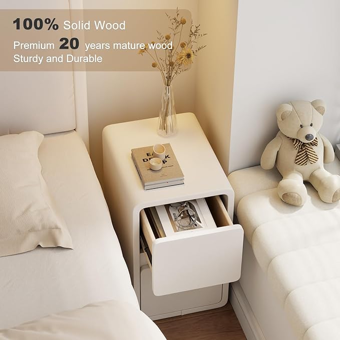 AQIMUELE Narrow Nightstand - Narrow Bedside Table with Drawers, Wood Small Nightstand with Leather Surface for Bedroom, White - 11.8" W