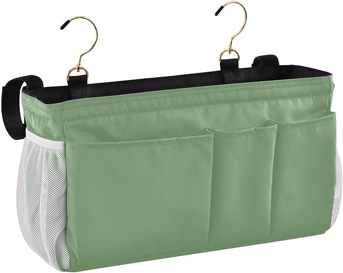 DOMIKING Sage Green Bedside Caddy for Dorm Bed Recliner Armrest Organizer with Hooks Haning Storage Pocket for Couch Recliner Remote Control