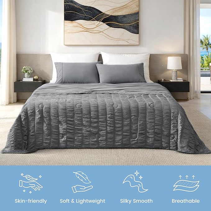 Cozy Bliss Vertical Striped Seersucker Cooling Comforter Twin Size, Lightweight Airflow Silky Cooling Bedding with Q-Max>0.45 for Bedroom, Home Decor, Hot Sleepers & Night Sweats, Grey 68"x90"