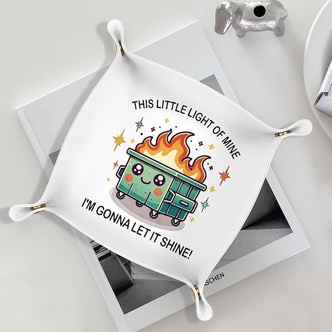 Dumpster Fire Gifts Valet Jewelry Tray for Colleague Women Men, Funny Office Gifts PU Leather Catchall Beside Caddy Nightstand Organizer Tray for Rings Watches Keys and Accessories,7.87x7.87in
