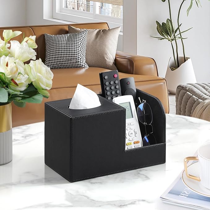 PU Leather Tissue Box Cover with Remote Control Holder, Square Tissue Box Holder for Living Room Bathroom Office (Black)