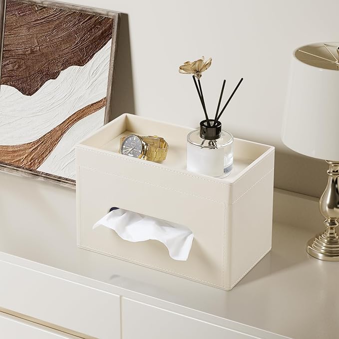 Plus Size Tissue Box Cover Rectangle, PU Leather Tissue Box Holder with Storage Tray, Decorative Organizer Tissue Holder for Bathroom, Bedroom Dresser, Night Stand, Office (Beige)